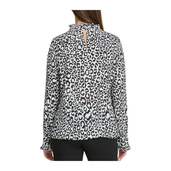 DKNY Animal Printed Ruffle-Neck Ling Sleeve Business Casual Boho Blouse Size XL - Picture 4 of 11